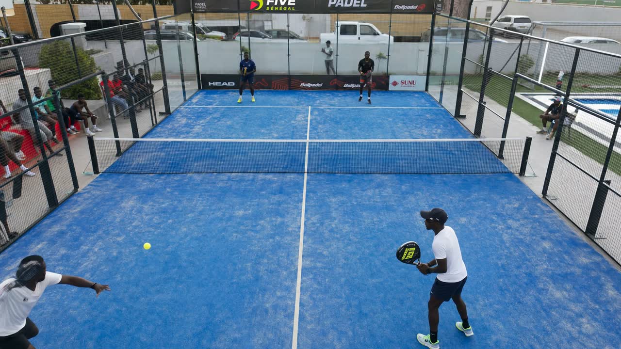 Still from a padel match filmed on an equipped court